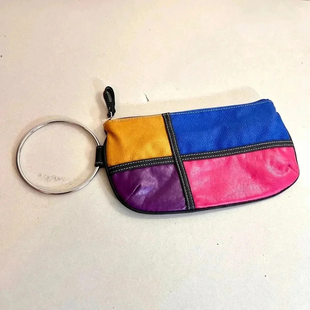 Vintage faux leather Multicolor Clutch with silver handle‎ blue pink